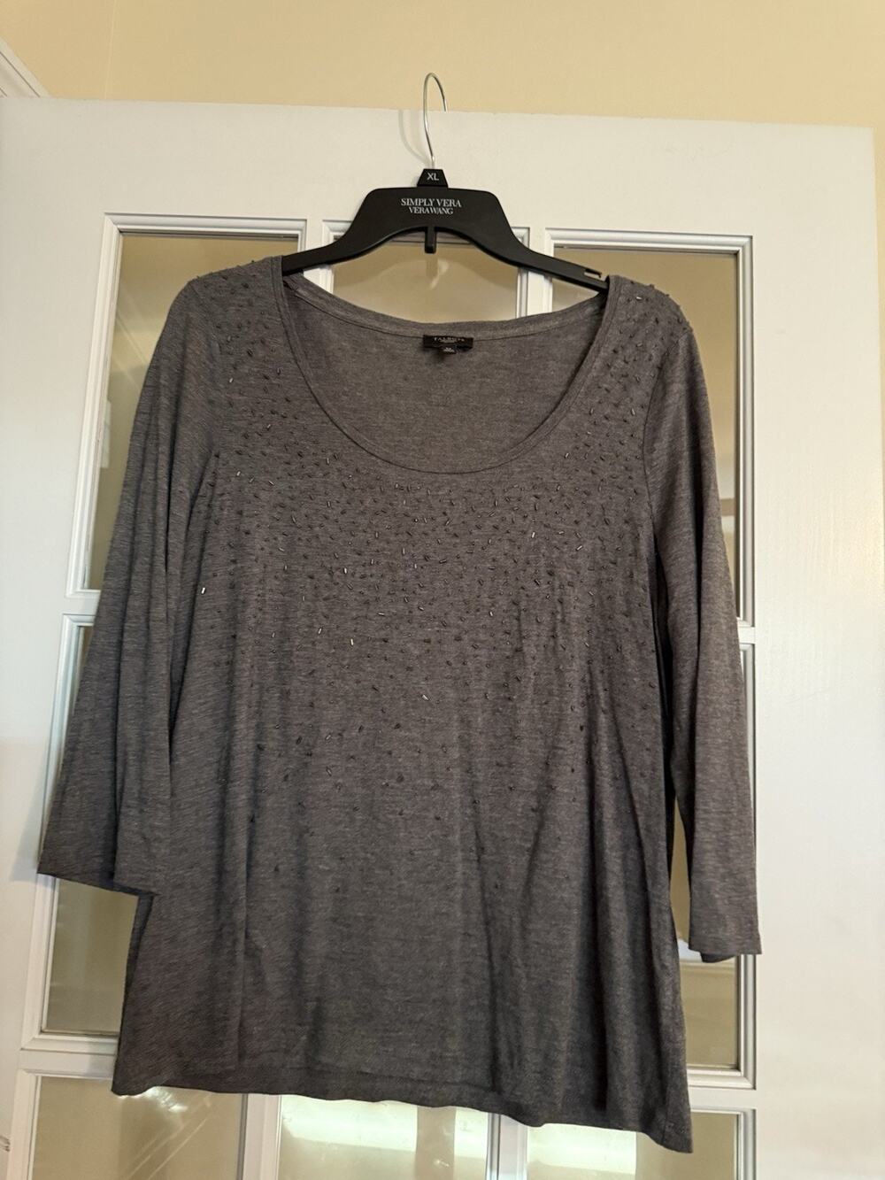Talbots Women’s Grey Beaded 3/4 Sleeve Blouse Petites PETITE LARGE PL